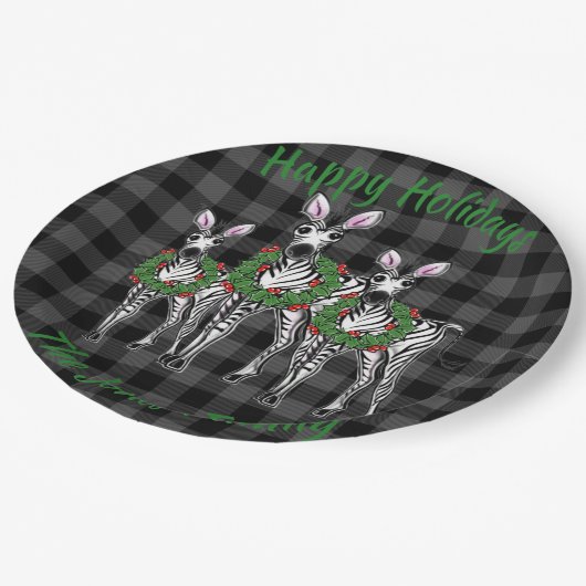 Weihnachtszebras, Weihnachtskranz, grau kariert Pappteller (Schrägansicht)