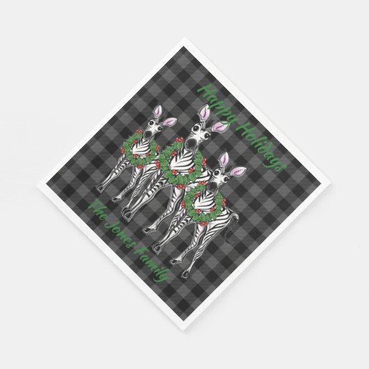 Weihnachtszebras, Weihnachtskranz, grau kariert Serviette (Ecke)
