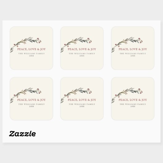 Weihnachtszeit Frieden Liebe und Freude rote Beere Quadratischer Aufkleber (Blatt)