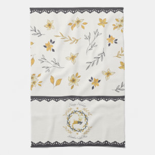 Weihnachtszeit Hirsch Gelbe Creme Blumen Blau Geschirrtuch