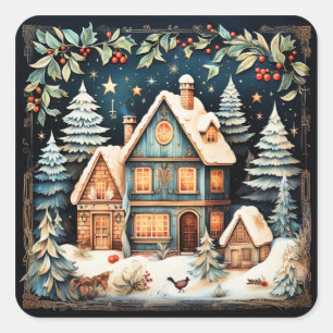 Weihnachtszeit, vintage Urlaubsszene, Quadratischer Aufkleber