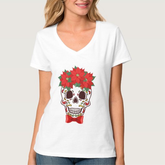 Weihnachtszucker Schädel mit Poinsettias T-Shirt (Vorderseite)
