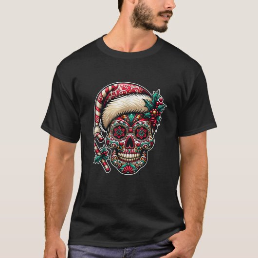 Weihnachtszucker Schädel Weihnachtsmannmütze Tag d T-Shirt (Vorderseite)