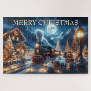 Weihnachtszug durch ein laternenbeleuchtetes Dorf Puzzle