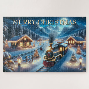 Weihnachtszug durch ein schneebedecktes Dorf bei N Puzzle
