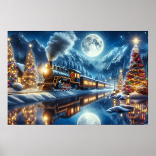 Weihnachtszug gespiegelt im mondbeschienenen See Poster