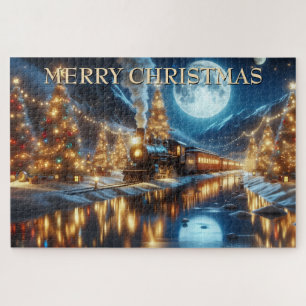 Weihnachtszug gespiegelt im schneebedeckten Flussd Puzzle