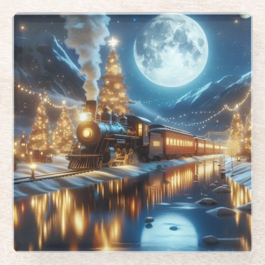 Weihnachtszug im Mondlicht Glasuntersetzer (Vorderseite)