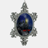 Weihnachtszug im Schnee Schneeflocken Zinn-Ornament (Links)