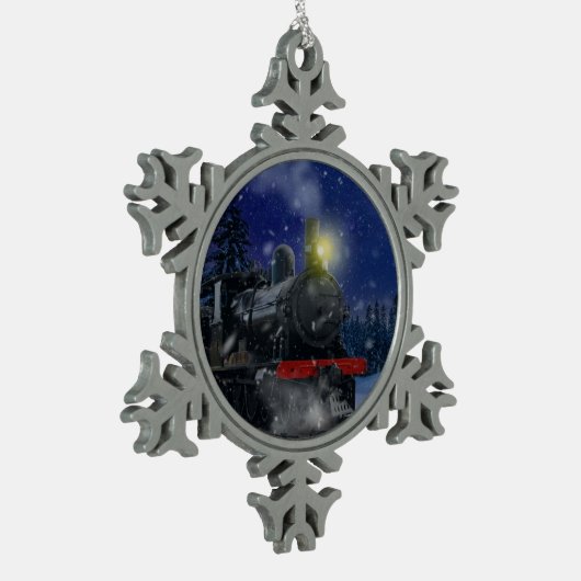 Weihnachtszug im Schnee Schneeflocken Zinn-Ornament (Links)