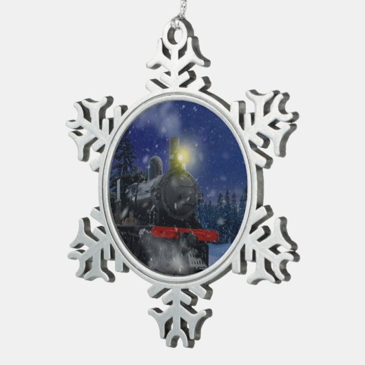 Weihnachtszug im Schnee Schneeflocken Zinn-Ornament (Rechts)