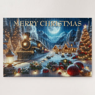 Weihnachtszug kommt im schneebedeckten Dorf an Puzzle