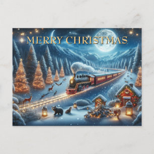 Weihnachtszug mit Laternen und Waldtieren Feiertagspostkarte