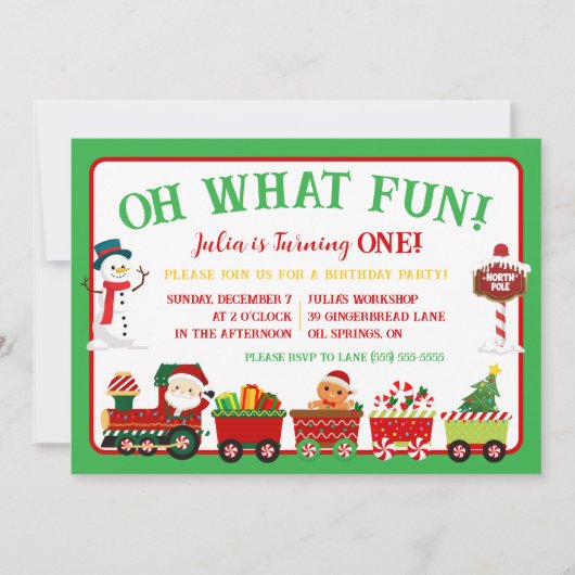 Weihnachtszug, Oh was Spaß! 1. Geburtstag Party Einladung (Vorderseite)