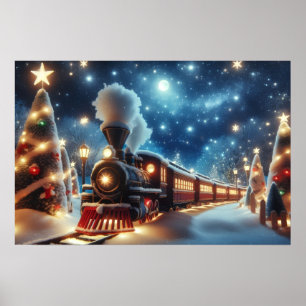 Weihnachtszug unter mondbeschienenem Sternenhimmel Poster