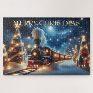 Weihnachtszug unter mondbeschienenem Sternenhimmel Puzzle