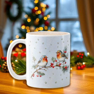 Weihnachtszweig mit Rotkehlchen und Beeren Kaffeetasse
