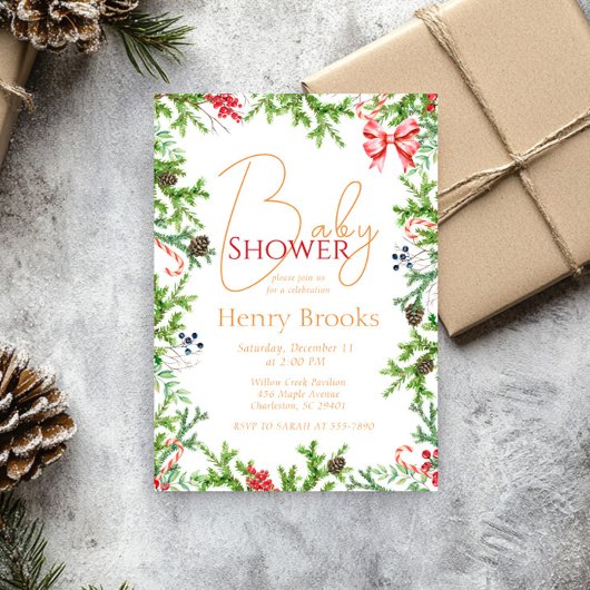 Weihnachtszweige Babyduschgeschlecht neutral Einladung