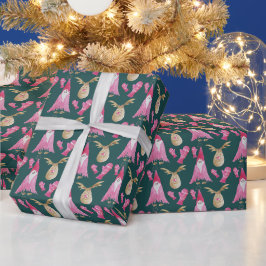 Weihnachtszwerge und Rentiere mit rosa Handschuhen Geschenkpapier