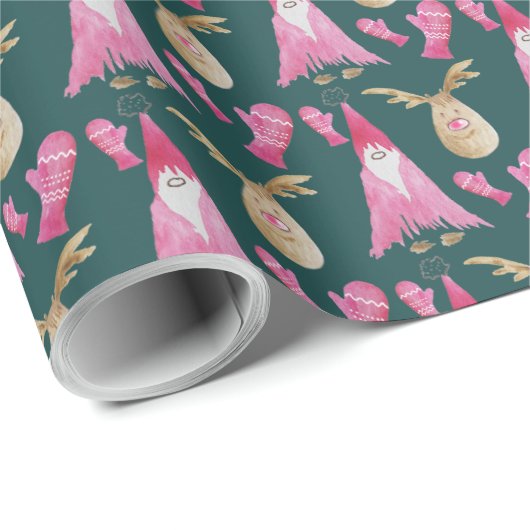Weihnachtszwerge und Rentiere mit rosa Handschuhen Geschenkpapier (Rolleneckpunkt)