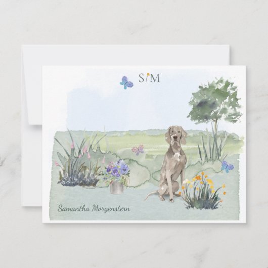 Weimaraner Butterfly Meadow Monogram & Name Mitteilungskarte (Vorderseite)
