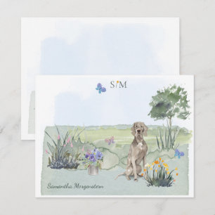 Weimaraner Butterfly Meadow Monogram & Name Mitteilungskarte