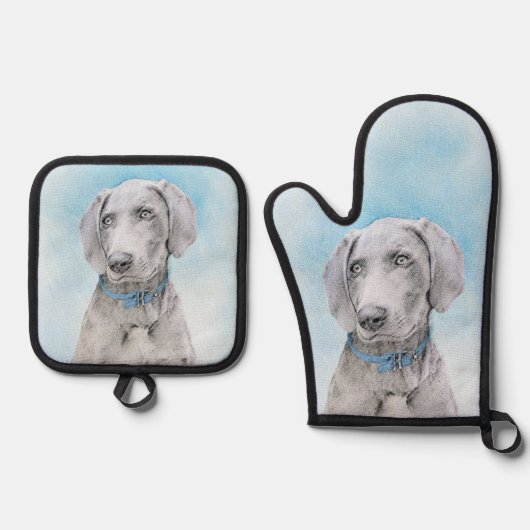 Weimaraner Gemälde Grau Silver Original Hunde Kuns Ofenhandschuh & Topflappen-Set (Vorderseite)