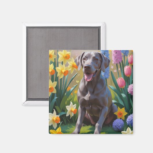 Weimaraner-Hund Frühlingsblumen Malerei Magnet (Vorderseite/Rückseite)