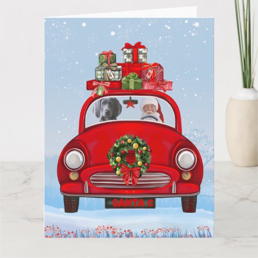 Weimaraner Hund im Auto mit dem Weihnachtsmann Karte (Vorderseite)