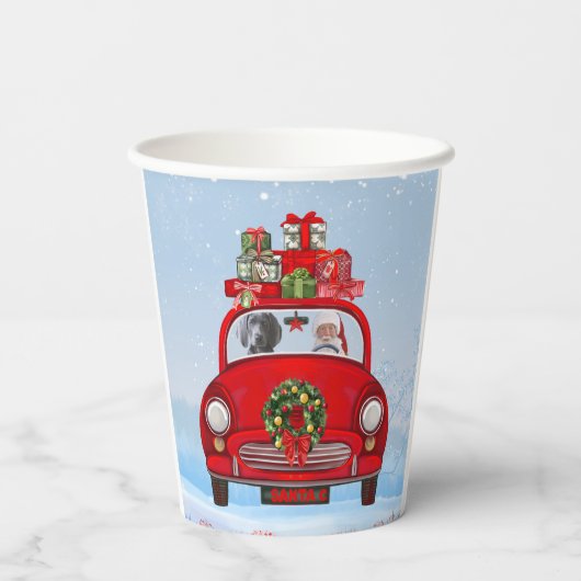 Weimaraner Hund im Auto mit dem Weihnachtsmann Pappbecher (Rückseite)