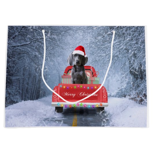 Weimaraner Hund im Schnee sitzend im Weihnachtswag Große Geschenktüte (Vorderseite)