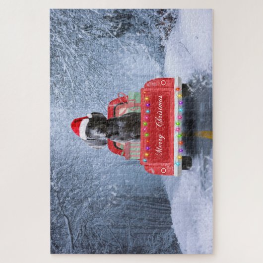 Weimaraner Hund im Schnee sitzend im Weihnachtswag Puzzle (Vertikal)