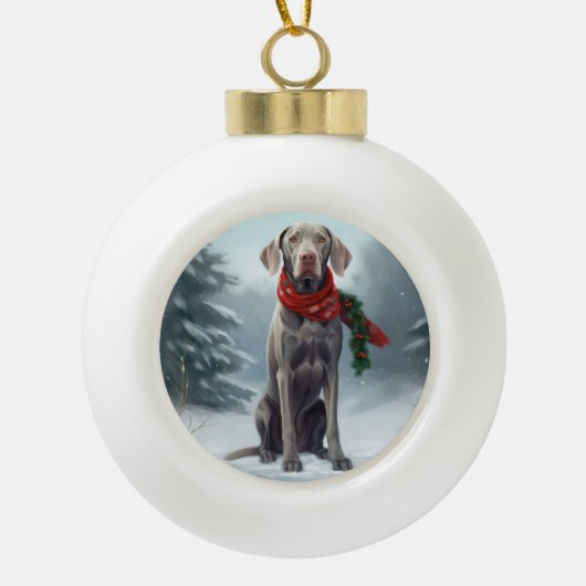 Weimaraner Hund im Schnee Weihnachten Keramik Kugel-Ornament (Vorderseite)