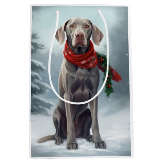Weimaraner Hund im Schnee Weihnachten Mittlere Geschenktüte (Vorderseite)