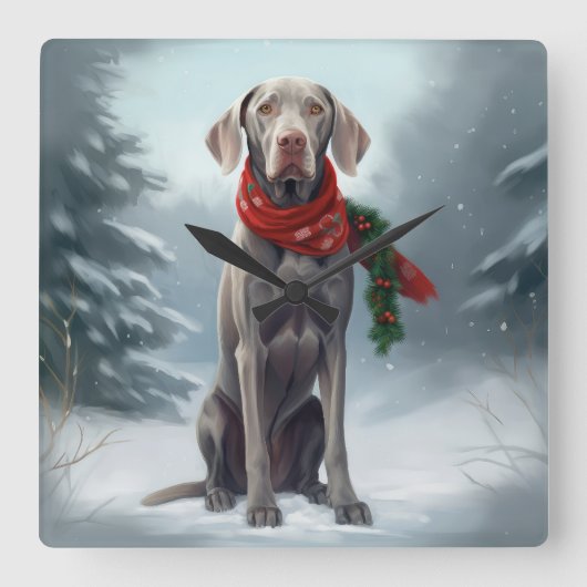 Weimaraner Hund im Schnee Weihnachten Quadratische Wanduhr (Vorderseite)
