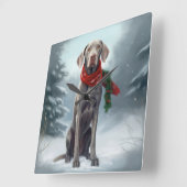 Weimaraner Hund im Schnee Weihnachten Quadratische Wanduhr (Winkel)
