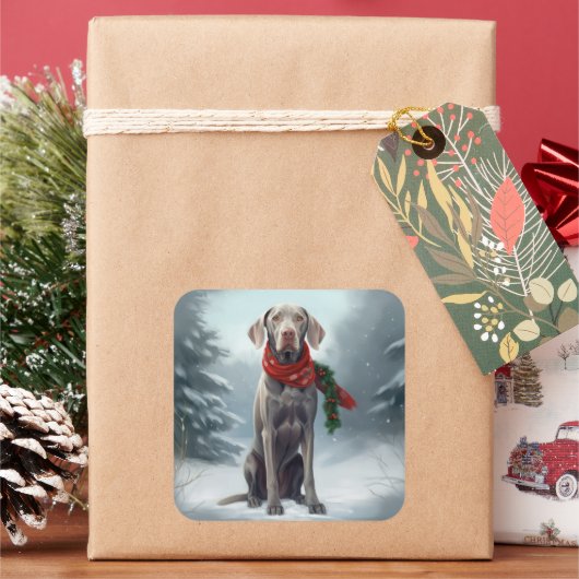 Weimaraner Hund im Schnee Weihnachten Quadratischer Aufkleber (Feiertag)