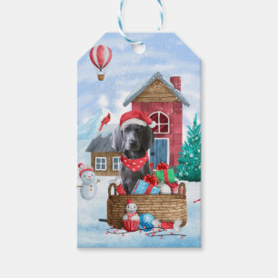 Weimaraner Hund im Schnee Weihnachtshaus Geschenkanhänger
