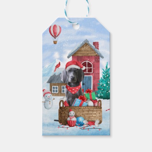 Weimaraner Hund im Schnee Weihnachtshaus Geschenkanhänger (Vorderseite)