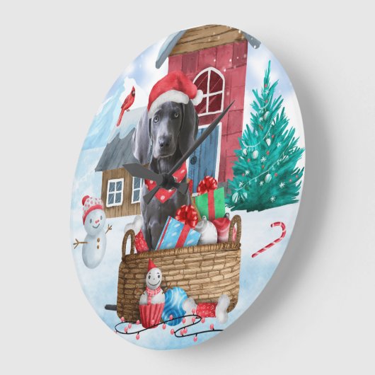 Weimaraner Hund im Schnee Weihnachtshaus Große Wanduhr (Winkel)
