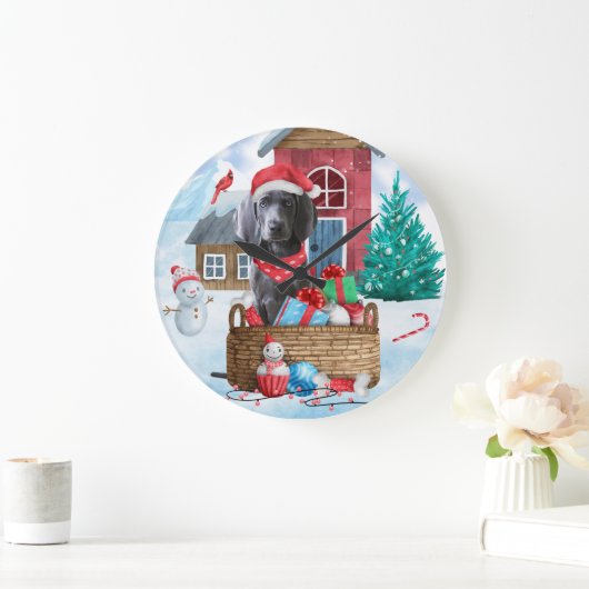 Weimaraner Hund im Schnee Weihnachtshaus Große Wanduhr (Zuhause)