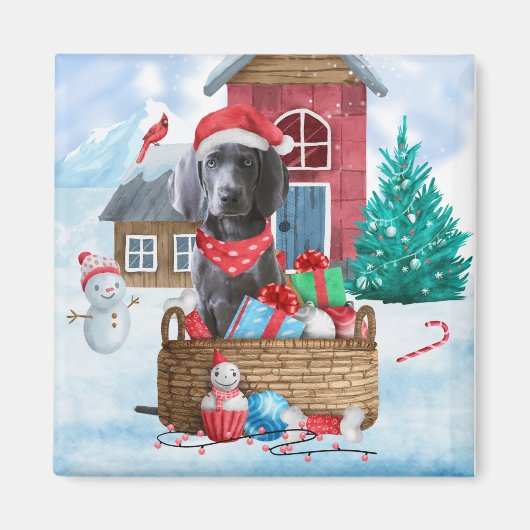 Weimaraner Hund im Schnee Weihnachtshaus Magnet (Vorne)