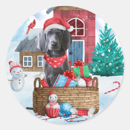 Weimaraner Hund im Schnee Weihnachtshaus Runder Aufkleber (Vorderseite)