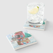 Weimaraner Hund im Schnee Weihnachtshaus Steinuntersetzer (Seitenansicht)