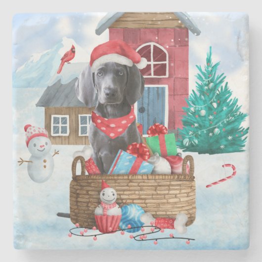 Weimaraner Hund im Schnee Weihnachtshaus Steinuntersetzer (Vorderseite)