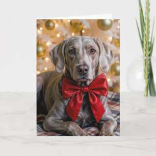 Weimaraner-Hund mit roter Schleife zu Weihnachten Karte