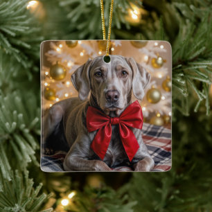 Weimaraner-Hund mit roter Schleife zu Weihnachten Keramikornament