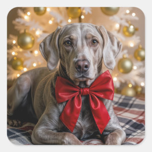 Weimaraner-Hund mit roter Schleife zu Weihnachten Quadratischer Aufkleber