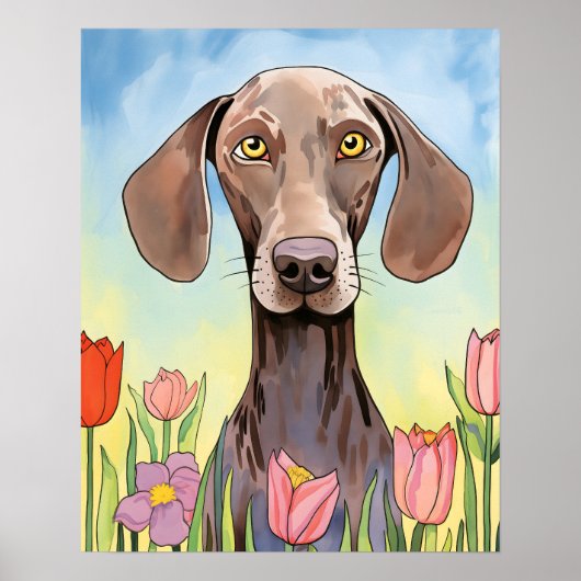 Weimaraner Hund mit Tulips Painting Poster (Vorne)