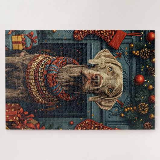 Weimaraner Hund mit Weihnachtsgeschenke Feuerplatz Puzzle (Horizontal)